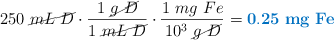 250\ \cancel{mL\ D}\cdot \frac{1\ \cancel{g\ D}}{1\ \cancel{mL\ D}}\cdot \frac{1\ mg\ Fe}{10^3\ \cancel{g\ D}} = \color[RGB]{0,112,192}{\bf 0.25\ mg\ Fe}