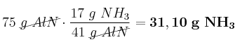 75\ \cancel{g\ AlN}\cdot \frac{17\ g\ NH_3}{41\ \cancel{g\ AlN}} = \bf 31,10\ g\ NH_3