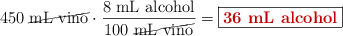 450\ \text{\cancel{mL\ vino}}\cdot \frac{8\ \text{mL\ alcohol}}{100\ \text{\cancel{mL\ vino}}} = \fbox{\color[RGB]{192,0,0}{\textbf{36\ mL\ alcohol}}}