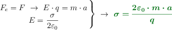 \left F_e = F\ \to\ E\cdot q = m\cdot a \atop E = \dfrac{\sigma}{2\varepsilon_0} \right \}\ \to\ \color[RGB]{2,112,20}{\bm{\sigma = \frac{2\varepsilon_0\cdot m\cdot a}{q}}}