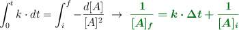 \int_0^t k\cdot dt = \int_i^f -\frac{d[A]}{[A]^2}\ \to\ \color[RGB]{2,112,20}{\bm{\frac{1}{[A]_f} = k\cdot \Delta t + \frac{1}{[A]_i}}}