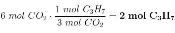 6\ mol\ CO_2\cdot \frac{1\ mol\ C_3H_7}{3\ mol\ CO_2} = \bf 2\ mol\ C_3H_7
