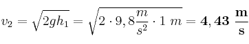 v_2 = \sqrt{2gh_1} = \sqrt{2\cdot 9,8\frac{m}{s^2}\cdot 1\ m} = \bf 4,43\ \frac{m}{s}