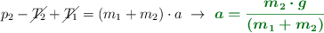 p_2 - \cancel{T_2} + \cancel{T_1} = (m_1 + m_2)\cdot a\ \to\ \color[RGB]{2,112,20}{\bm{a = \frac{m_2\cdot g}{(m_1 + m_2)}}
