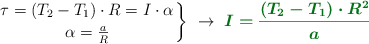 \left \tau = (T_2 - T_1)\cdot R = I\cdot \alpha \atop \alpha = \frac{a}{R} \right \}\ \to\ \color[RGB]{2,112,20}{\bm{I = \frac{(T_2 - T_1)\cdot R^2}{a}}}