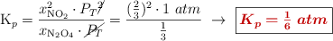 \ce{K_p} = \frac{x_{\ce{NO2}}^2\cdot P_T\cancel{^2}}{x_{\ce{N2O4}}\cdot \cancel{P_T}} = \frac{(\frac{2}{3})^2\cdot 1\ atm}{\frac{1}{3}}\ \to\ \fbox{\color[RGB]{192,0,0}{\bm{K_p = \frac{1}{6}\ atm}}}