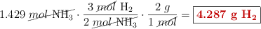 1.429\ \cancel{mol\ \ce{NH3}}\cdot \frac{3\ \cancel{mol}\ \ce{H2}}{2\ \cancel{mol\ \ce{NH3}}}\cdot \frac{2\ g}{1\ \cancel{mol}} = \fbox{\color[RGB]{192,0,0}{\bf 4.287\ g\ \ce{H2}}}