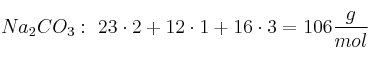 Na_2CO_3:\ 23\cdot 2 + 12\cdot 1 + 16\cdot 3 = 106\frac{g}{mol}