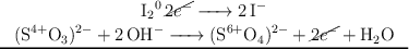 \left \ce{I_2^0 \cancel{2e^-} -> 2I^-} \atop \ce{(S^{4+}O_3)^{2-} + 2OH^- -> (S^{6+}O_4)^{2-} + \cancel{2e^-} + H_2O} \right \atop \rule{95mm}{0.3mm}