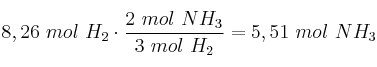 8,26\ mol\ H_2\cdot \frac{2\ mol\ NH_3}{3\ mol\ H_2} = 5,51\ mol\ NH_3