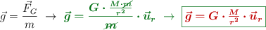 \vec g = \frac{\vec F_G}{m}\ \to\ \color[RGB]{2,112,20}{\bm{\vec g = \frac{G\cdot \frac{M\cdot \cancel{m}}{r^2}}{\cancel{m}}\cdot \vec u_r}}}\ \to\ \fbox{\color[RGB]{192,0,0}{\bm{\vec g = G\cdot \frac{M}{r^2}\cdot \vec u_r}}}