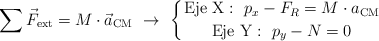 \sum \vec{F}_{\text{ext}} = M\cdot \vec{a}_{\text{CM}}\ \to\ \left \{ \text{Eje\ X}:\ p_x - F_R = M\cdot a_{\text{CM}} \atop \text{Eje\ Y}:\ p_y - N = 0
