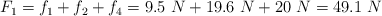 F_1 = f_1 + f_2 + f_4 = 9.5\ N + 19.6\ N + 20\ N = 49.1\ N