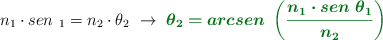 n_1\cdot sen\ \tetha_1 = n_2\cdot \theta_2\ \to\ \color[RGB]{2,112,20}{\bm{\theta_2 = arcsen\ \left(\frac{n_1\cdot sen\ \theta_1}{n_2}\right)}}