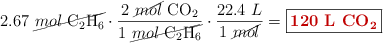 2.67\ \cancel{mol\ \ce{C2H6}}\cdot \frac{2\ \cancel{mol}\ \ce{CO2}}{1\ \cancel{mol\ \ce{C2H6}}}\cdot \frac{22.4\ L}{1\ \cancel{mol}} = \fbox{\color[RGB]{192,0,0}{\bf 120\ L\ \ce{CO2}}}}
