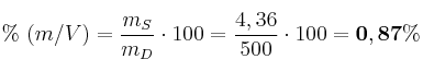 \%\ (m/V) = \frac{m_S}{m_D}\cdot 100 = \frac{4,36}{500}\cdot 100 = \bf 0,87\%