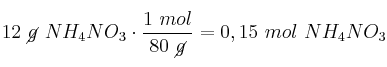 12\ \cancel{g}\ NH_4NO_3\cdot \frac{1\ mol}{80\ \cancel{g}} = 0,15\ mol\ NH_4NO_3