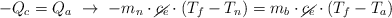 - Q_c = Q_a\ \to\ - m_n\cdot \cancel{c_e}\cdot (T_f - T_n) = m_b\cdot \cancel{c_e}\cdot (T_f - T_a)