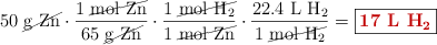 50\ \cancel{\ce{g\ Zn}}\cdot \frac{1\ \cancel{\ce{mol\ Zn}}}{65\ \cancel{\ce{g\ Zn}}}\cdot \frac{1\ \cancel{\ce{mol\ H2}}}{1\ \cancel{\ce{mol\ Zn}}}\cdot \frac{22.4\ \ce{L\ H2}}{1\ \cancel{\ce{mol\ H2}}} = \fbox{\color[RGB]{192,0,0}{\textbf{17\ \ce{L\ H2}}}}