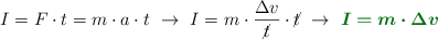 I = F\cdot t = m\cdot a\cdot t\ \to\ I = m\cdot \frac{\Delta v}{\cancel{t}}\cdot \cancel{t}\ \to\ \color[RGB]{2,112,20}{\bm{I = m\cdot \Delta v}}