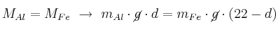 M_{Al} = M_{Fe}\ \to\ m_{Al}\cdot \cancel{g}\cdot d = m_{Fe}\cdot \cancel{g}\cdot (22 - d)