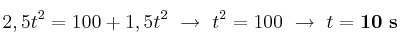 2,5t^2 = 100 + 1,5t^2\ \to\ t^2 = 100\ \to\ t = \bf 10\ s