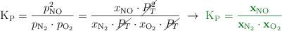 \ce{K_P} = \frac{p_{\ce{NO}}^2}{p_{\ce{N2}}\cdot p_{\ce{O2}}} = \frac{x_{\ce{NO}}\cdot \cancel{P_T^2}}{x_{\ce{N2}}\cdot \cancel{P_T}\cdot x_{\ce{O2}}\cdot \cancel{P_T}}}\ \to\ \color[RGB]{2,112,20}{\bf{\ce{K_P} = \frac{x_{\ce{NO}}}{x_{\ce{N2}}\cdot x_{\ce{O2}}}}