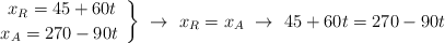 \left 
x_R = 45 + 60t \atop
x_A = 270 - 90t\ \right
\}\ \to\ x_R = x_A\ \to\ 45 + 60t = 270 - 90t