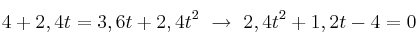 4 + 2,4t = 3,6t + 2,4t^2\ \to\ 2,4t^2 + 1,2t - 4 = 0