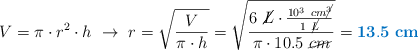 V = \pi\cdot r^2\cdot h\ \to\ r = \sqrt{\frac{V}{\pi\cdot h}} = \sqrt{\frac{6\ \cancel{L}\cdot \frac{10^3\ cm\cancel{^3}}{1\ \cancel{L}}}{\pi\cdot 10.5\ \cancel{cm}}} = \color[RGB]{0,112,192}{\bf 13.5\ cm}
