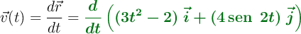 \vec{v}(t) = \frac{d\vec{r}}{dt} = \color[RGB]{2,112,20}{\bm{\frac{d}{dt} \left( (3t^2 - 2)\ \vec{i} + (4 \sen\ 2t)\ \vec{j} \right)}}