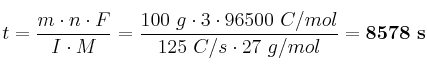 t = \frac{m\cdot n\cdot F}{I\cdot M} = \frac{100\ g\cdot 3\cdot 96500\ C/mol}{125\ C/s\cdot 27\ g/mol} = \bf 8578\ s