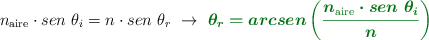 n_{\text{aire}}\cdot sen\ \theta_i = n\cdot sen\ \theta_r\ \to\ \color[RGB]{2,112,20}{\bm{\theta_r = arcsen \left (\frac{n_{\text{aire}}\cdot sen\ \theta_i}{n}\right )}}
