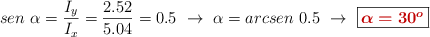 sen\ \alpha = \frac{I_y}{I_x} = \frac{2.52}{5.04} = 0.5\ \to\ \alpha = arcsen\ 0.5\ \to\ \fbox{\color[RGB]{192,0,0}{\bm{\alpha = 30^o}}}