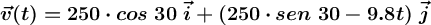 \bm{\vec{v}(t) = 250\cdot cos\ 30\ \vec{i} + (250\cdot sen\ 30 - 9.8t)\ \vec{j}}