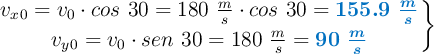 \left v_x_0 = v_0\cdot cos\ 30 = 180\ \frac{m}{s}\cdot cos\ 30 = {\color[RGB]{0,112,192}{\bm{155.9\ \frac{m}{s}}}} \atop v_y_0 = v_0\cdot sen\ 30 = 180\ \frac{m}{s} = {\color[RGB]{0,112,192}{\bm{90\ \frac{m}{s}}}} \right \}