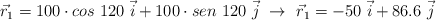 \vec r_1 = 100\cdot cos\ 120\ \vec i + 100\cdot sen\ 120\ \vec j\ \to\ \vec r_1 = -50\ \vec i + 86.6\ \vec j