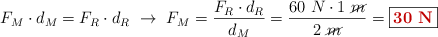 F_M\cdot d_M = F_R\cdot d_R\ \to\ F_M = \frac{F_R\cdot d_R}{d_M} = \frac{60\ N\cdot 1\ \cancel{m}}{2\ \cancel{m}} = \fbox{\color[RGB]{192,0,0}{\bf 30\ N}}