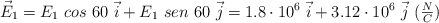\vec E_1 = E_1\ cos\ 60\ \vec i + E_1\ sen\ 60\ \vec j = 1.8\cdot 10^6\ \vec i + 3.12\cdot 10^6\ \vec j\ (\textstyle{N\over C})