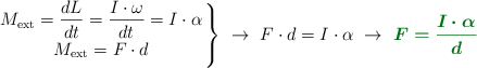 \left M_{\text{ext}} = \dfrac{dL}{dt} = \dfrac{I\cdot \omega}{dt} = I\cdot \alpha \atop M_{\text{ext}} = F\cdot d \right \}\ \to\ F\cdot d = I\cdot \alpha\ \to\ \color[RGB]{2,112,20}{\bm{F = \frac{I\cdot \alpha}{d}}}