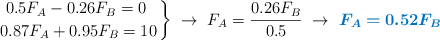\left
0.5F_A - 0.26F_B = 0\ \atop
0.87F_A + 0.95F_B = 10
\right\}\ \to\ F_A = \frac{0.26F_B}{0.5}\ \to\ \color[RGB]{0,112,192}{\bm{F_A = 0.52F_B}}