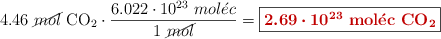 4.46\ \cancel{mol}\ \ce{CO2}\cdot \frac{6.022\cdot 10^{23}\ mol\acute{e}c}{1\ \cancel{mol}} = \fbox{\color[RGB]{192,0,0}{\bm{2.69\cdot 10^{23}}\ \bf{mol\acute{e}c}\ \textbf{\ce{CO2}}}}