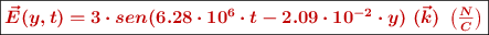 \fbox{\color[RGB]{192,0,0}{\bm{\vec{E}(y,t) = 3\cdot sen(6.28\cdot 10^6\cdot t - 2.09\cdot 10^{-2}\cdot y)\ (\vec{k})\ \left(\frac{N}{C} \right)}}}