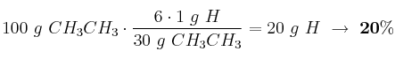 100\ g\ CH_3CH_3\cdot \frac{6\cdot 1\ g\ H}{30\ g\ CH_3CH_3} = 20\ g\ H\ \to\ \bf 20\%