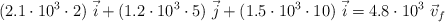 (2.1\cdot 10^3\cdot 2)\ \vec i + (1.2\cdot 10^3\cdot 5)\ \vec j + (1.5\cdot 10^3\cdot 10)\ \vec i = 4.8\cdot 10^3\ \vec v_f