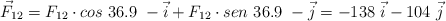 \vec F_{12} = F_{12}\cdot cos\ 36.9\ -\vec i + F_{12}\cdot sen\ 36.9\ -\vec j = -138\ \vec i - 104\ \vec j