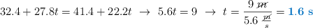 32.4 + 27.8t = 41.4 + 22.2t\ \to\ 5.6t = 9\ \to\ t = \frac{9\ \cancel{m}}{5.6\ \frac{\cancel{m}}{s}} = \color[RGB]{0,112,192}{\bf 1.6\ s}