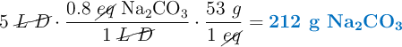 5\ \cancel{L\ D}\cdot \frac{0.8\ \cancel{eq}\ \ce{Na2CO3}}{1\ \cancel{L\ D}}\cdot \frac{53\ g}{1\ \cancel{eq}} = \color[RGB]{0,112,192}{\textbf{212 g \ce{Na2CO3}}}