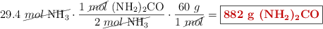 29.4\ \cancel{mol\ \ce{NH3}}\cdot \frac{1\ \cancel{mol}\ \ce{(NH2)2CO}}{2\ \cancel{mol\ \ce{NH3}}}\cdot \frac{60\ g}{1\ \cancel{mol}} = \fbox{\color[RGB]{192,0,0}{\bf 882\ g\ \ce{(NH2)2CO}}}