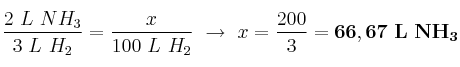 \frac{2\ L\ NH_3}{3\ L\ H_2} = \frac{x}{100\ L\ H_2}\ \to\ x = \frac{200}{3} = \bf 66,67\ L\ NH_3